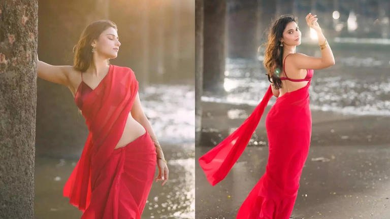 Prisha Singh’s Red Saree Beach Photoshoot Sets Social Media Abuzz